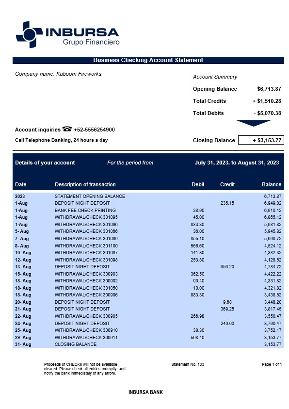 Modèle Word et PDF de relevé de compte courant de la société Inbursa Bank